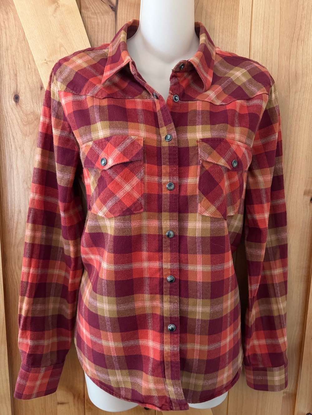 Shyanne Western Cowgirl Plaid Flannel Shirt Red Orange Pearl Snap Shirt Cotton L - Picture 4 of 11